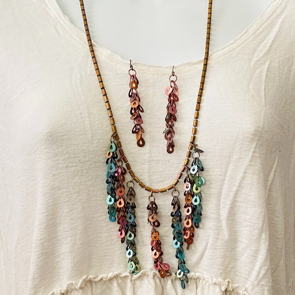 Sarah Cavender Metalworks 32.5" Long Multi Color Fringe Necklace & Earrings Set - Picture 2 of 15